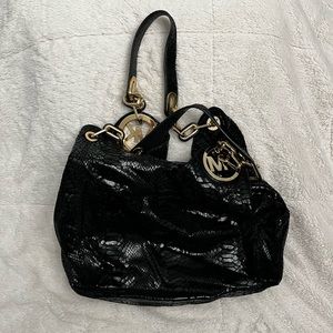 Michael Kors Black Glossy Python Embossed Leather Fulton Shoulder Bag